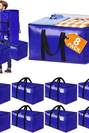 8-Pack Moving Bags with Backpack Straps & Carry Handles, 25 Gallons-93 L Heavy Duty Storage Totes for Space Saving, Foldable Storage Bags for College Dorm, Travel, Camping (Blue)