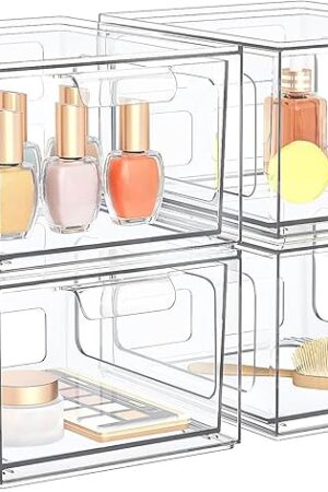4 Pack Stackable Plastic Makeup Organizer Drawers, Acrylic Organizers, Clear Storage Bins with Pull-Out Handles for Vanity, Kitchen Cabinets, Pantry