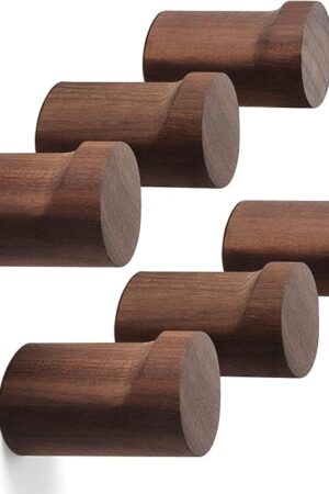 Wood Wall Hooks 6 Pack, Natural Wooden Coat Hooks Wall Mounted, Handmade Rustic Hat Hooks Heavy Duty Entryway Wall Hangers for Hanging Towels, Clothes, Bags (Black Walnut Wood)