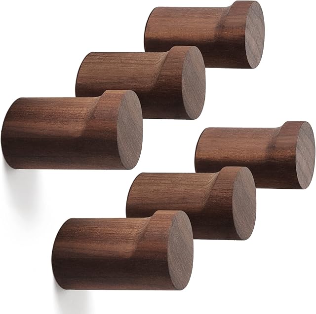 Wood Wall Hooks 6 Pack, Natural Wooden Coat Hooks Wall Mounted, Handmade Rustic Hat Hooks Heavy Duty Entryway Wall Hangers for Hanging Towels, Clothes, Bags (Black Walnut Wood)