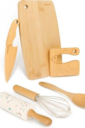 Wooden Kids Safe Knife and Kids Baking Set for Real Cooking, 6 PCS Toddler Montessori Kitchen Tools, Cooking and Baking for Little Chefs