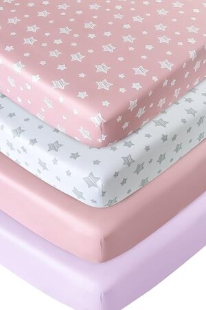 Crib Sheets for Girls 4 Pack, Fitted Crib Sheets for Standard Size Crib and Toddler Mattresses, Soft and Breathable Baby Gift Girl Set, Pink