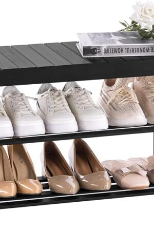 Apicizon Bamboo Shoe Rack for Entryway, 3-Tier Shoe Rack Bench for Front Door Entrance, Small Shoe Organizer with Storage, Black