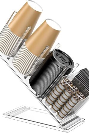 Acrylic Cup and Lid Holder with Straw Organizer, Adjustable Coffee Cup Holder Organizer, 5 Compartment Cup Dispenser for Disposable Paper & Plastic Cups, for Station Home Countertop Bar Breakroom