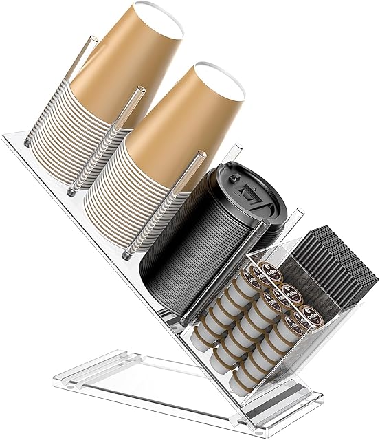 Acrylic Cup and Lid Holder with Straw Organizer, Adjustable Coffee Cup Holder Organizer, 5 Compartment Cup Dispenser for Disposable Paper & Plastic Cups, for Station Home Countertop Bar Breakroom
