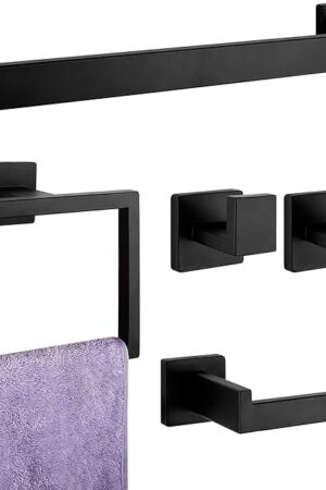 5-Pieces Matte Black Bathroom Hardware Accessories Set, SUS304 Stainless Steel Bath Towel Bar Set, Towel Racks for Bathroom Wall Mounted.