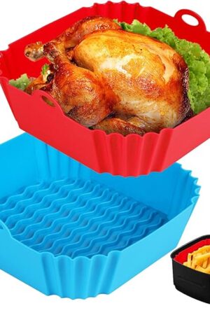2 PCS Square Silicone Air Fryer Liners - 8 Inch Reusable Air Fryer Pot - Air Fryer Accessories - Air Fryer Inserts for 4 to 7 QT Oven Microwave Accessories (Red + Blue)