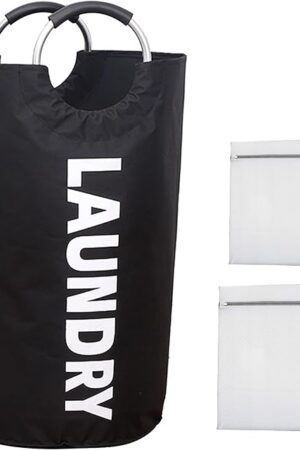 90L Portable Laundry Basket, Collapsible Laundry Bag, Freestanding Tall Clothes Hamper, 2x Mesh Bags, Waterproof Foldable Washing Bin with EVA Padded Handles for Colleage Dorm Laundry Room (Black)