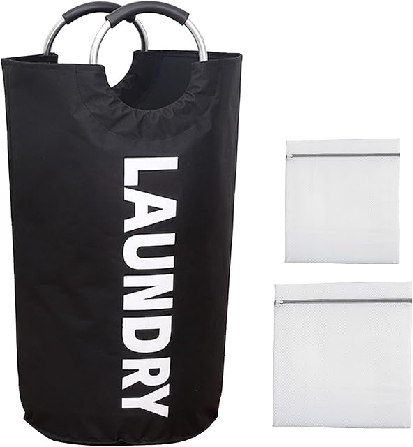 90L Portable Laundry Basket, Collapsible Laundry Bag, Freestanding Tall Clothes Hamper, 2x Mesh Bags, Waterproof Foldable Washing Bin with EVA Padded Handles for Colleage Dorm Laundry Room (Black)