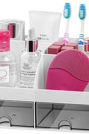 VITVITI Toothbrush Holders for Bathrooms Countertop, 5 Slots Toothpaste Bathroom Counter Sink Organizer with Drawers, Plastic Bathroom Organizer for Vanity/Makeup/Office White