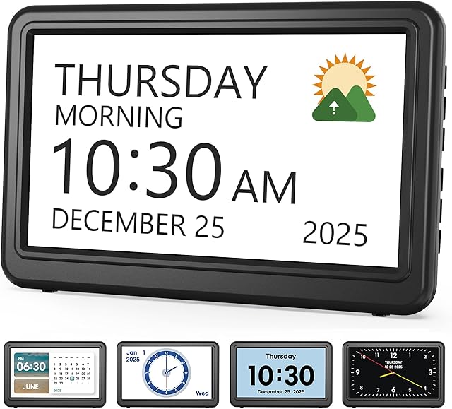 Clock with Day and Date for Elderly, 7" Large Display Digital Calendar Day Clock with 20 Custom Alarms and Medicine Reminders, 12 Display Modes, Dimmable Dementia Alzheimers Clocks for Seniors