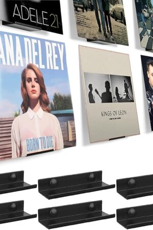 BiJun Vinyl Wall Mount 6 Pack, Black Metal Vinyl Holder Wall Display Shelf Record Wall Mount Stand for Albums LP Minimalist Record Wall Storage Set for CD Display in Office Home