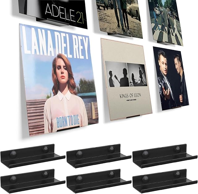 BiJun Vinyl Wall Mount 6 Pack, Black Metal Vinyl Holder Wall Display Shelf Record Wall Mount Stand for Albums LP Minimalist Record Wall Storage Set for CD Display in Office Home
