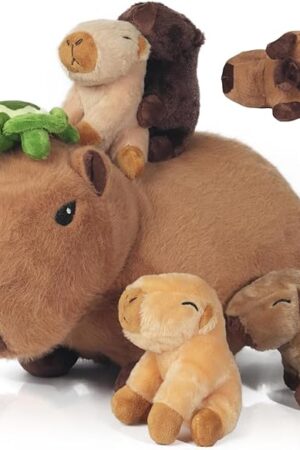 5 in 1 Capybara Plush Large Capybara Stuffed Animal with Babies Inside, 14.2" Mommy Stuffed Capybara Plush Pillow Toy with 4 Capybara Babies Plushies in Zipper Pouch for Kids Birthday