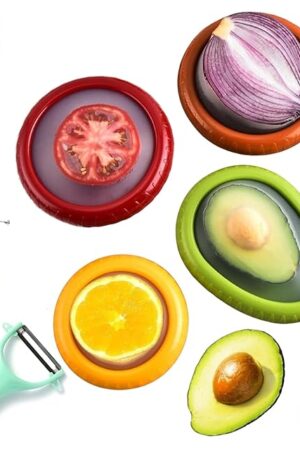 Zyphora 5-Piece Avocado Saver and Tomato Holder Set – 4 Reusable Silicone Food Storage Containers + 1 Fruit Peeler, Stretch Pods for Fruit & Veggie Storage