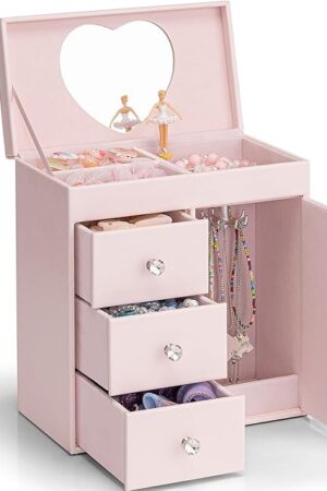 Vlando Musical Jewelry Box for Girls, Large Kid Music Box with Ballerina for Birthday Bedroom Decor, 4 Layer Girl Jewelry Gifts for Girls Kids - Light Pink