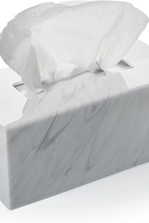 Acrylic Tissue Box Holder, Clear Dispenser for Facial Tissues, Napkins, and Dryer Sheets. Perfect for Bathrooms, Desks, Countertops, Vanities, Bedrooms, and Nightstands (Rectangle, Marble)