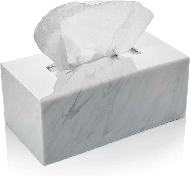Acrylic Tissue Box Holder, Clear Dispenser for Facial Tissues, Napkins, and Dryer Sheets. Perfect for Bathrooms, Desks, Countertops, Vanities, Bedrooms, and Nightstands (Rectangle, Marble)
