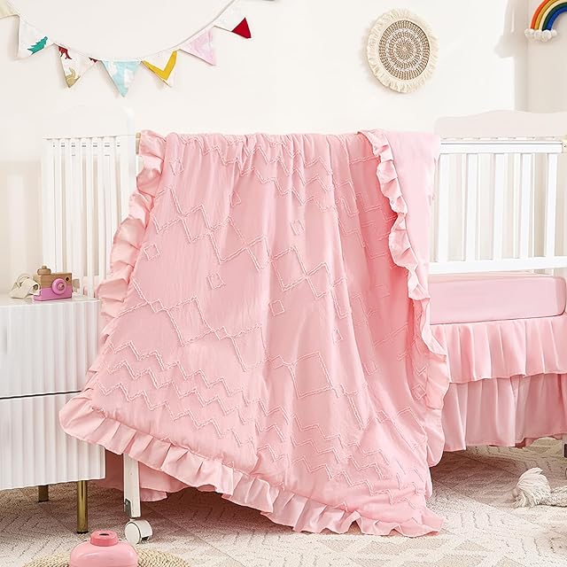 3-Piece Ultra Soft Light Pink Tufted Ruffle Crib Bedding Set