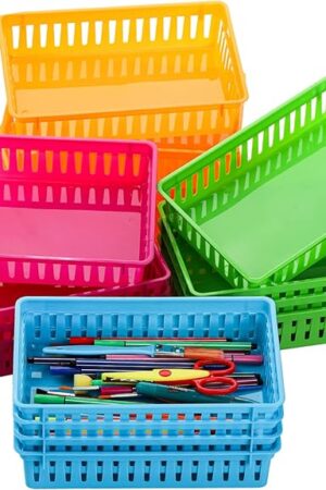 DEAYOU 16 Pack Classroom Storage Baskets Bins, Small Plastic Organizer Basket, Colorful Storage Trays, Crayon Pencil Containers for Paper, Desk, Shelf, Home School Office, 10.2" L x 6.5" W x 2.4" H