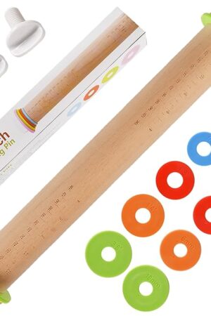 Yasashii Wood Rolling Pin With 4 Adjustable Thickness Rings, Non-stick Dough Roller For Baking, 17 Inch Pizza Roller For Kitchen supplies, Handle Press Design For Fondant, Pizza, Pie Crust, Cookie