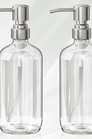AmazerBath Soap Dispenser, 2 Pack Glass Soap Dispenser with Pump Stainless Steel, 17 Oz Hand Soap Bottles Bathroom Kitchen, Clear
