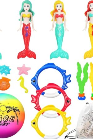 The Pool Toys for Kids, Mermaid Swim Diving Pool Toys for Toddlers Girls,Underwater Sinking Water Ball Games, Pool Swim Float Treasure Fish Toy, Diving Ring Toys with Mesh Bag for Summer Pool Beach Party