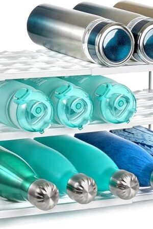 Water Bottle Organizer For Cabinet, Expandable Water Bottle Holder Rack, Adjustable Tumbler Storage For Kitchen Organization, 3 Tier Cup Organizer For Sports Flask Insulated Travel Mug Fridge, White