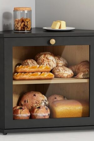 Corner Bread Box for Kitchen Countertop, Black Bread Storage Container for Homemade Bread, Two Layer Breadbox under Cabinet Mount, Large Bread Holder for Kitchen Counter, Panry Shelf
