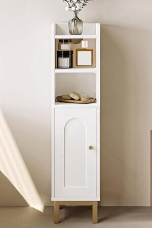 Bathroom Storage Cabinet, Small Corner Floor Cabinet with Door and Shelves, Narrow Toilet Paper Holder, Bathroom Organizer with Adjustable Shelf, for Small Spaces, White BC08203X