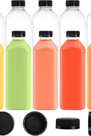 Cedilis 10 Pack 33oz Plastic Juice Bottles with Black Cap, Clear Reusable Containers with Lids, Great Disposable Bottles for Making Juice, Milk, Salad Dressing, Smoothie and Other Beverages