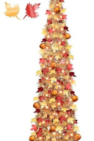 5 FT Fall Tree Fall Decor, Pop Up Tinsel Maples Tree with Timer 50 Warm White Lights Orange Pumpkins Battery Operated Lighted Halloween Tree Fall Decorations for Home Harvest Thanksgiving Party Indoor