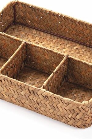 YANGQIHOME Tea Bag/Sugar Packet Holder, Coffee Station Condiment Organizer, Seagrass Storage Basket, Wicker Rattan Divided Basket Organizer for Drawer/Shelf/Countertop