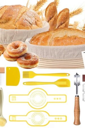 Aoocan Sourdough Starter Kit for Beginners, Bread Baking Supplies & Bread Making Tools – 9 Inch Round & 10 Inch Oval Banneton Bread Proofing Basket Set with Dough Whisk, Lame, Scraper & Brush