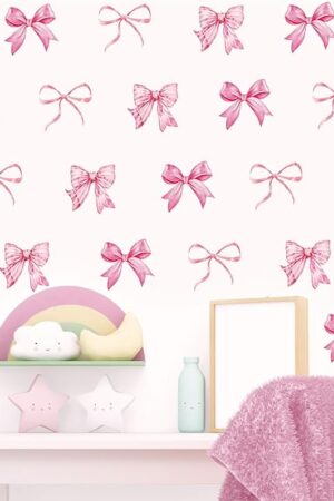 Whaline 12 Sheets Trendy Pink Bow Wall Stickers Light Pink Bow Knot Wall Decals Watercolor Room Mural Stickers for Valentine's Day Girls Party Home Bedroom Nursery, 7.9 x 11.8 Inch
