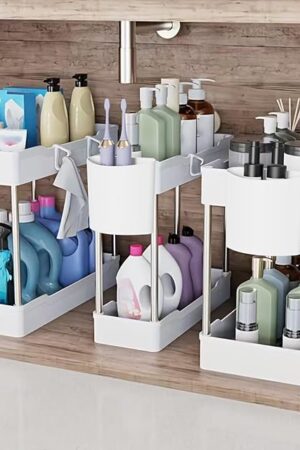 3 Pack Under Sink Organizers and Storage, 2 Tier Bathroom Cabinet Organizer Shelf with Hanging Cups for Kitchen & Bathroom (White)