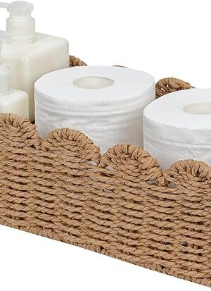 CubesLand Paper Rope Scalloped Edge Toilet Paper Storage Basket, Small Living Room, Bedroom Decor Baskets for Over Toilet Storage Shelf, End Table, Shelves and More, with 2 Wooden Handle, Neutral