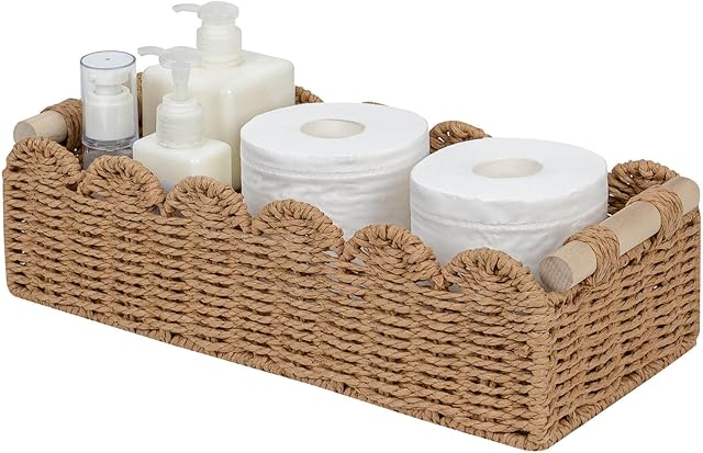 CubesLand Paper Rope Scalloped Edge Toilet Paper Storage Basket, Small Living Room, Bedroom Decor Baskets for Over Toilet Storage Shelf, End Table, Shelves and More, with 2 Wooden Handle, Neutral