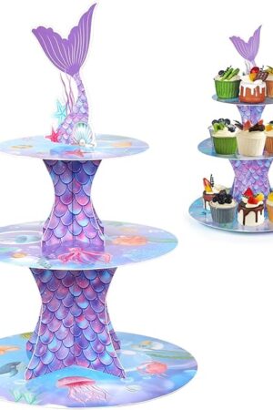 WINKIO Mermaid Cupcake Stand, Little Mermaid Birthday Party Decorations Supplies Favor Under the Sea Theme Cupcake Tower Holder for Girls Kids(1 Pack)