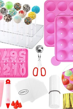 Cake Pop Molds Kit 610PCS Lollipop Cake Pop Maker Set with Cake Pop Stand, Cake Pop Sticks and Wrappers, Decorating Pen, 4 Piping Tips, Measuring Cup, Pink
