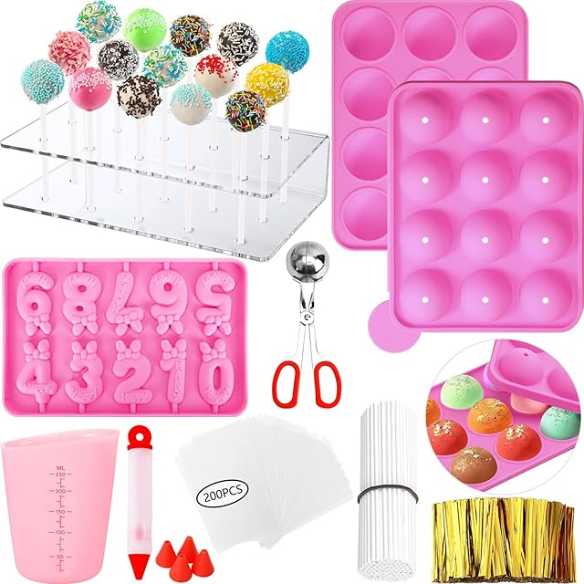 Cake Pop Molds Kit 610PCS Lollipop Cake Pop Maker Set with Cake Pop Stand, Cake Pop Sticks and Wrappers, Decorating Pen, 4 Piping Tips, Measuring Cup, Pink