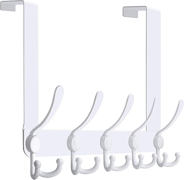 WEBI Over The Door Hooks Door Hanger Hook Rack with 5 Tri Hooks for Hanging,Over The Door Towel Rack Towel Hanger Door Coat Hanger Over Door Coat Rack Behind Back of Bathroom,White