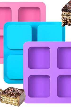 4 Cavity Chocolate Covered Cookie S'mores Molds, 3Pcs Silicone Square Molds Reusable Non Stick Silicone Trays for Smores, Chocolate, Graham Crackers, Candy, Marshmallow Making