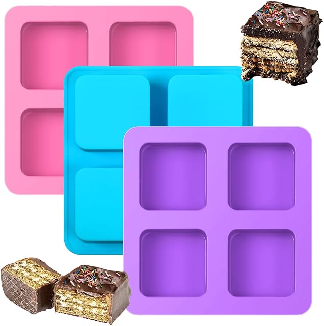 4 Cavity Chocolate Covered Cookie S'mores Molds, 3Pcs Silicone Square Molds Reusable Non Stick Silicone Trays for Smores, Chocolate, Graham Crackers, Candy, Marshmallow Making