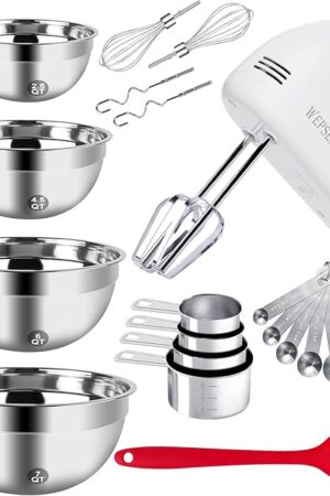 5-Speed Electric Hand Mixer, 4 Large Mixing Bowls Set, Handheld Mixers with Whisks Beater, Stainless Steel Metal Nesting Bowl Measuring Cups Spoons Kitchen Cake Blender for Baking Supplies