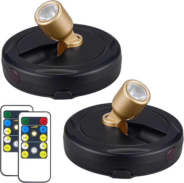Wireless LED Spotlight, Battery Powered Picture Lights, Uplighting Indoor, Puck Lights with Remote, Stick Spot Light for Wall Art Display Dartboard Painting Artwork Accent Closet-Gold