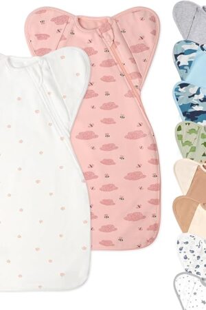 100% Organic Cotton Swaddle Blanket Sleep Sack with Arms Up Design 2 Packs, Hands Up 3-Way Transitions to Arms-Free Wearable Sleeping Sack Bag for Newborn Baby Boys Girls Snug Fit Calms Startle Reflex