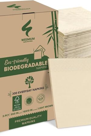 Compostable Napkins Disposable - FSC Certified - Pack of 300, 2-Ply - 5 x 5 Inch Folded - Post-Consumer Recycled Materials - Biodegradable & Highly Absorbent Paper Napkins for Lunch & Dinner