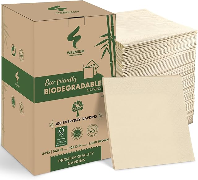 Compostable Napkins Disposable - FSC Certified - Pack of 300, 2-Ply - 5 x 5 Inch Folded - Post-Consumer Recycled Materials - Biodegradable & Highly Absorbent Paper Napkins for Lunch & Dinner