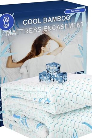 Cooling Bamboo Rayon Mattress Protector with Zipper - 100% Waterproof Size Mattress Cover - Soft & Breathable Jacquard Noiseless Mattress Pad Covers - Zippered Mattress Encasement (Queen)